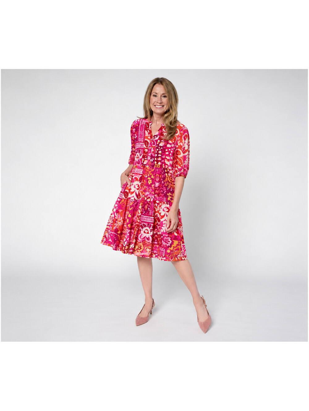 Susan Graver Weekend Printed St. Tropez Button Front Dress, Petite X-Small